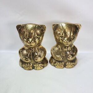 Vintage Pair of Heavy Solid Brass Teddy Bear Book Ends (brass bears)